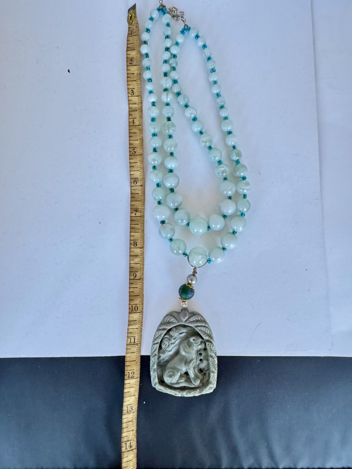 Vintage Jewelry, Hand carved mythical lion stone pendant necklace. Boho look,