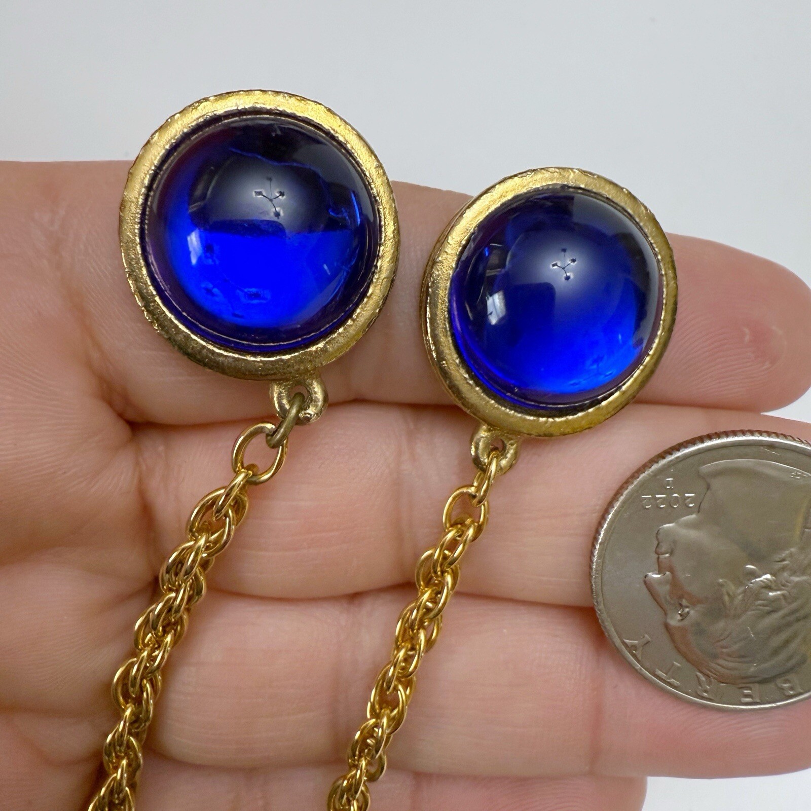 Vintage Blue Lucite Cabochon Bead Long Chain Dangle Linear Goldtone Earrings