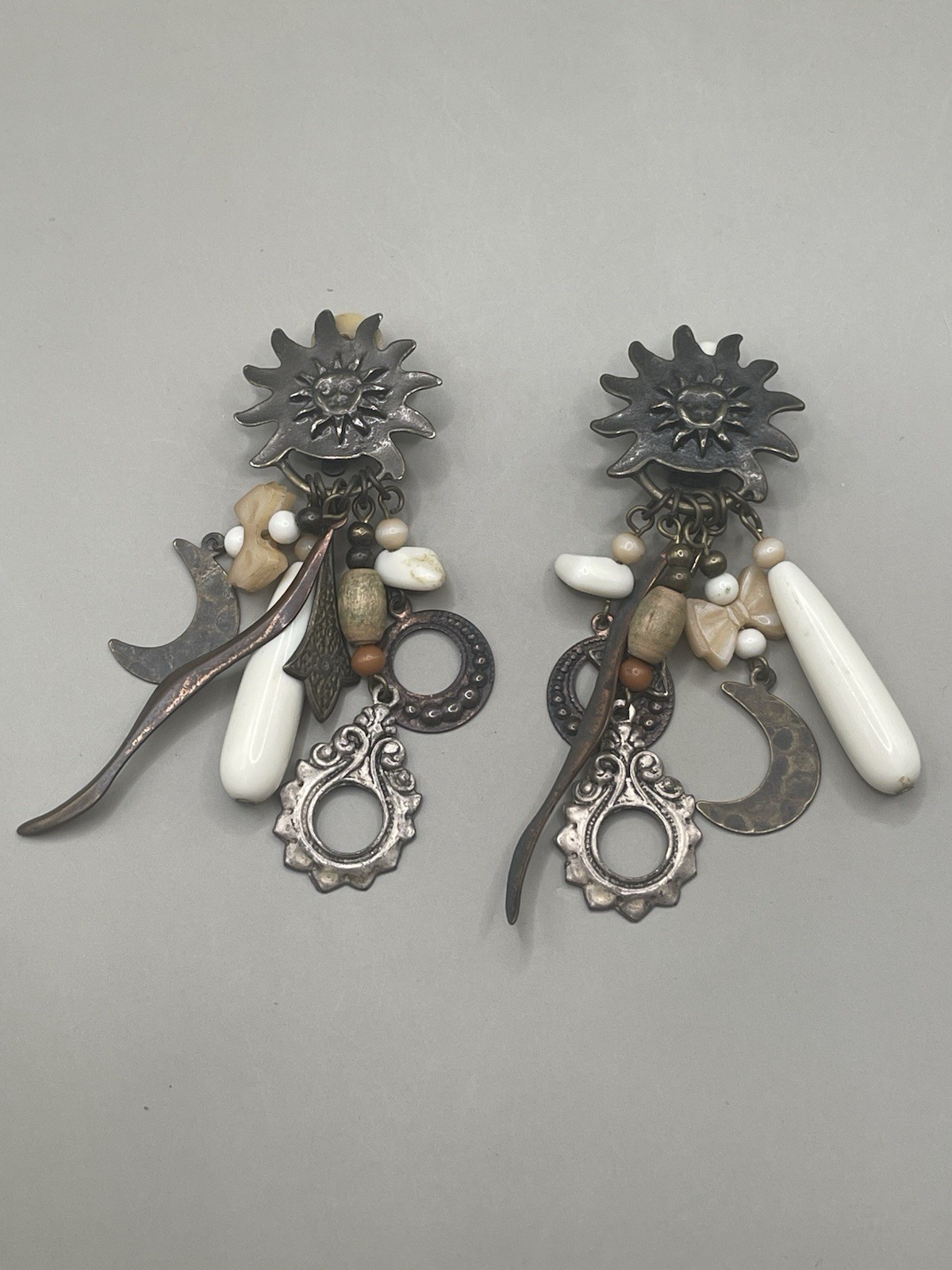 Vintage Sun & Moon Bohemian Celestial Bronze Tone Beaded Dangle Clip-On Earrings