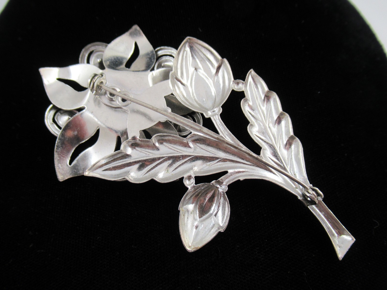 Vintage Purple/Blue Rhinestone on Silver Tone Stamped Metal Flower Brooch, Pin