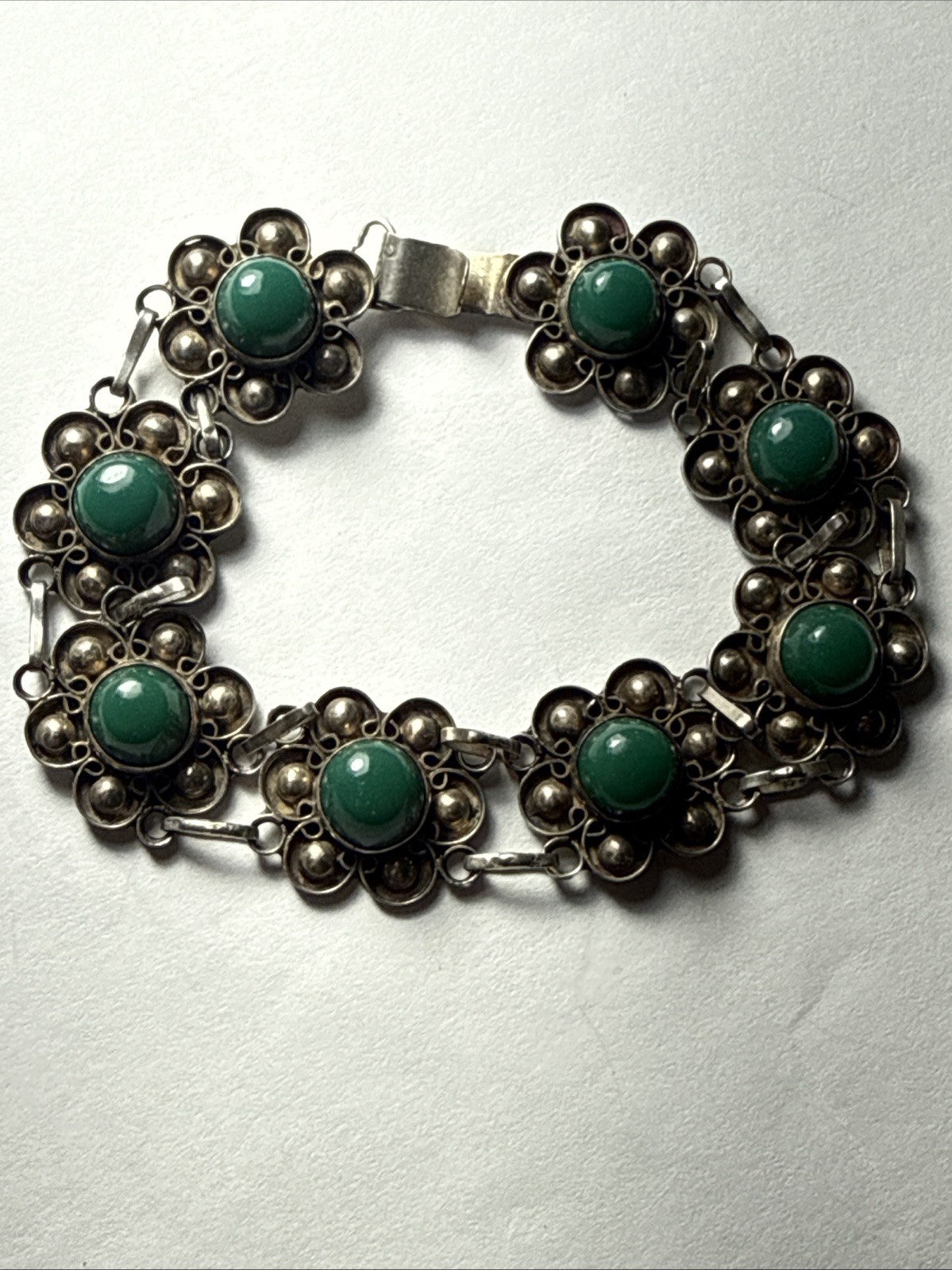 bracelet Taxco Mexico 980 Silver Better Than 925 Sterling Green Onyx Vintage 7.5