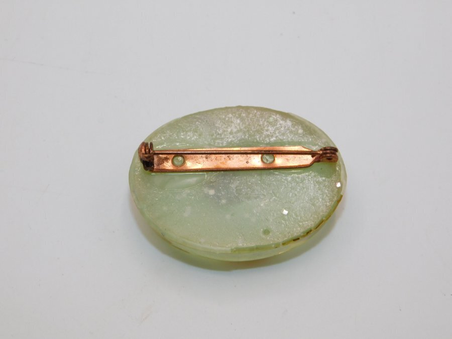 B681-VINTAGE PIN/BROOCH~LOCALLY MADE~REAL SHELL/PLANTS~ACRYLIC~1.5″