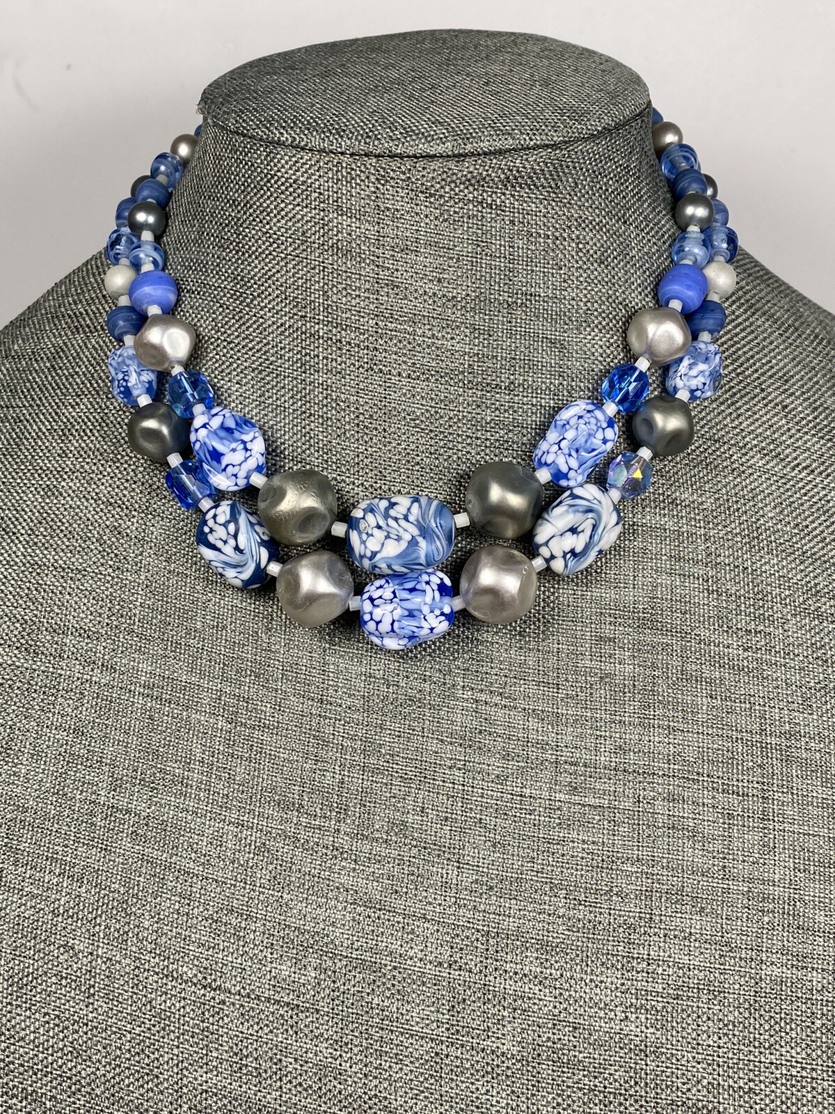 Japan Necklace Two strands Blue Glass Acrylic Beads 14”+ 2”