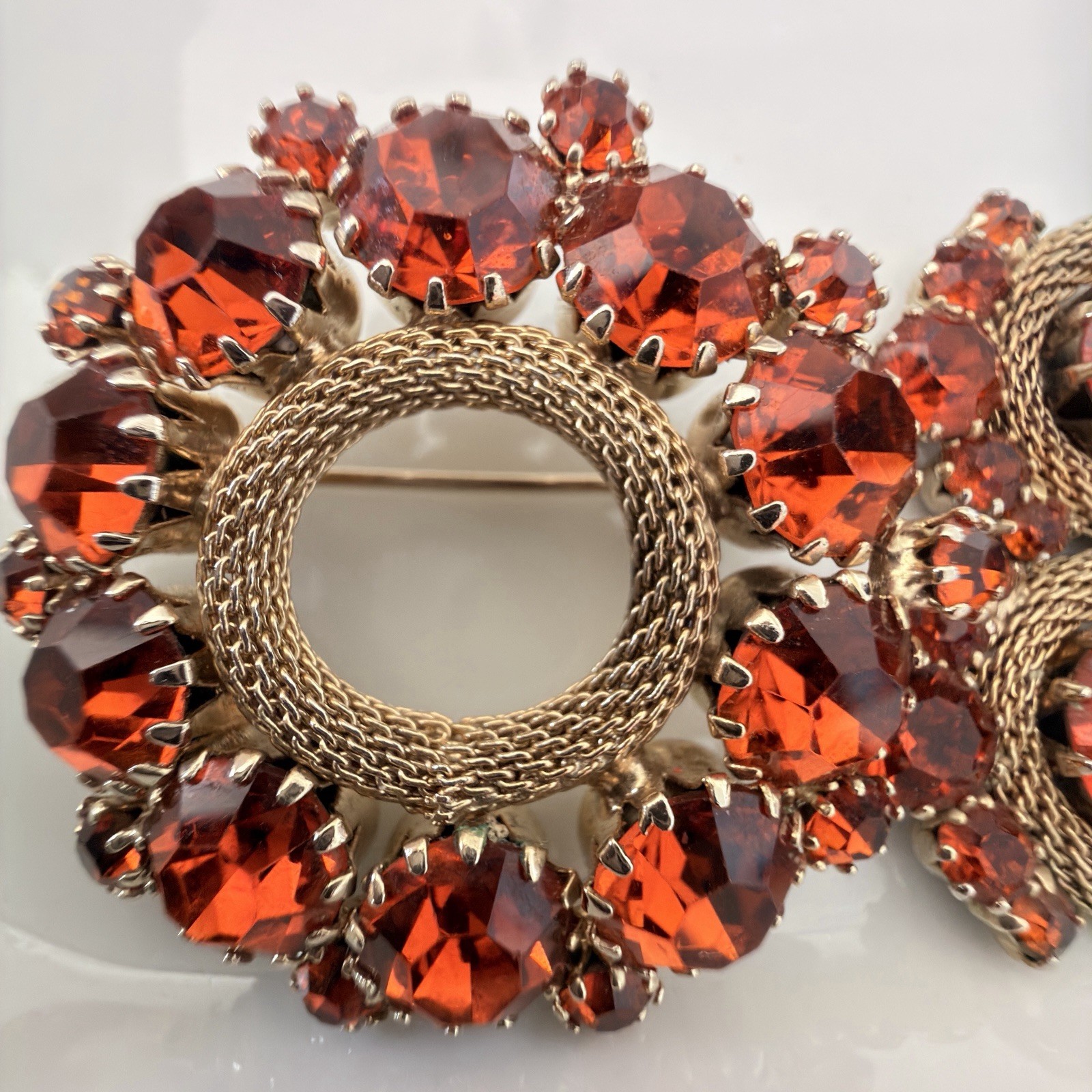 RARE Signed Weiss Fire Opal Red Rhinestone Wreath Brooch Screwback Earrings Set