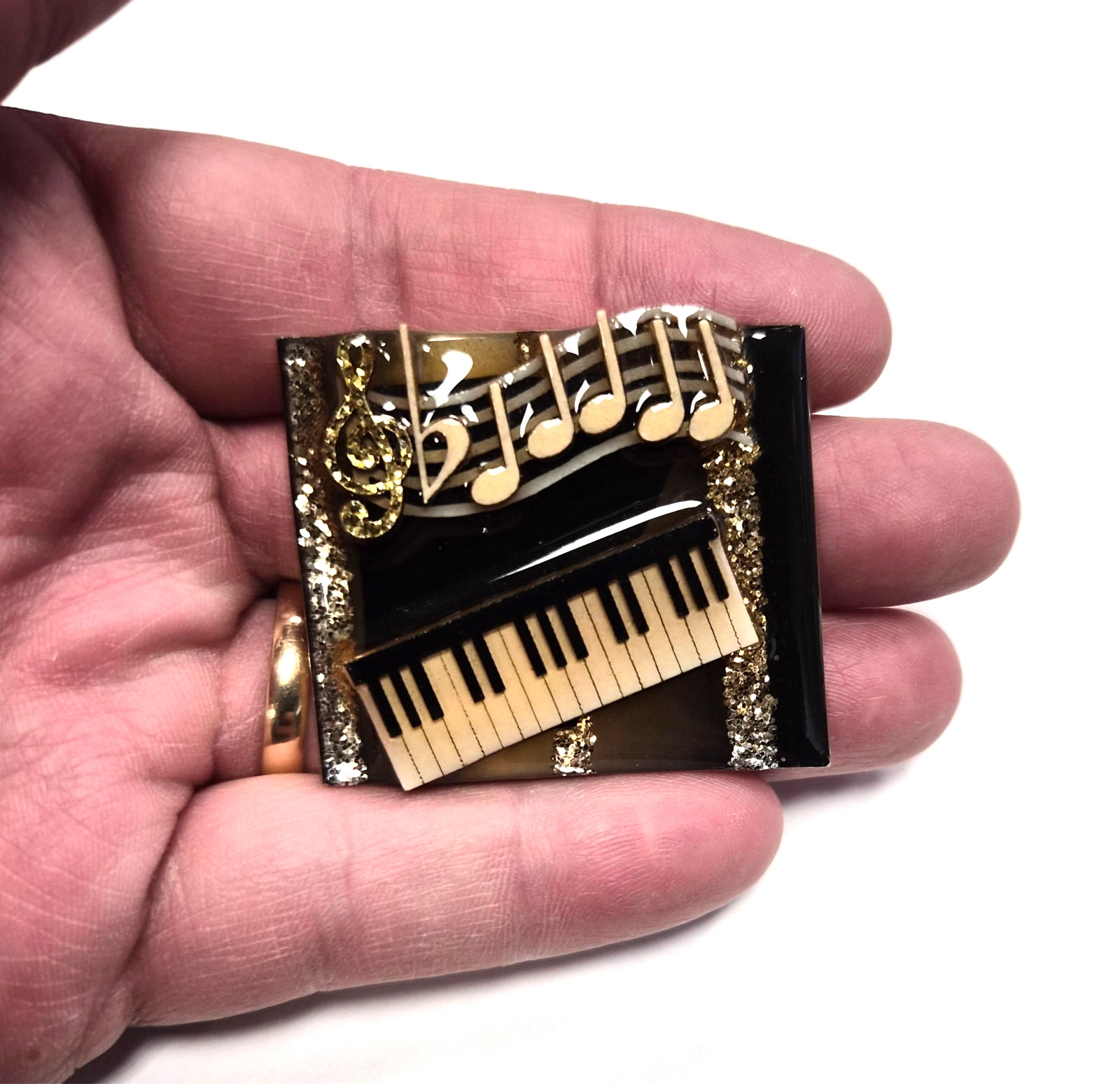 Vintage Music Pins by Lucinda Piano Keyboard Gold Glitter Notes Pin / Brooch