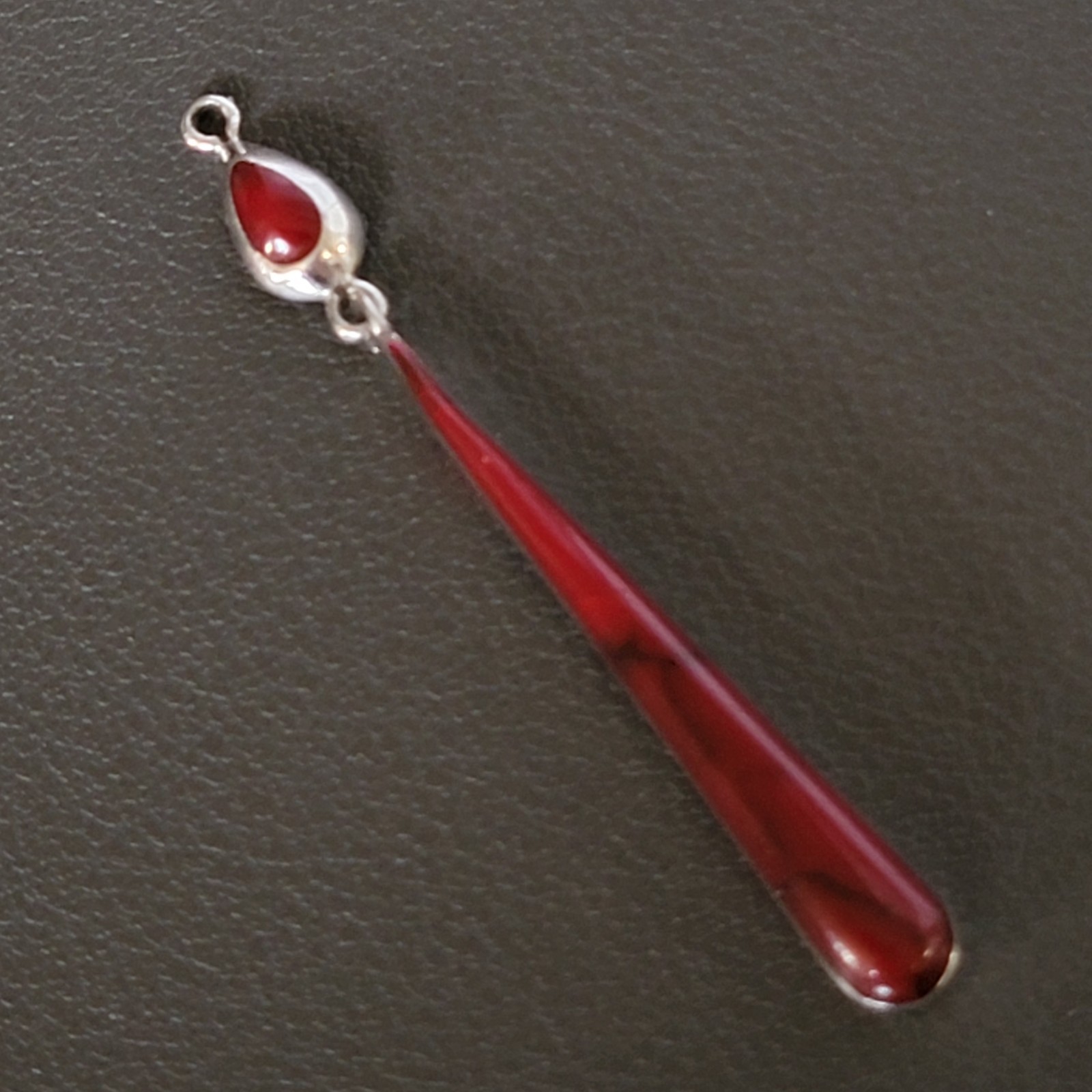 Sterling Silver Long Drop Pendant 925 Vintage Repurosed Red Glass Earrings MEX
