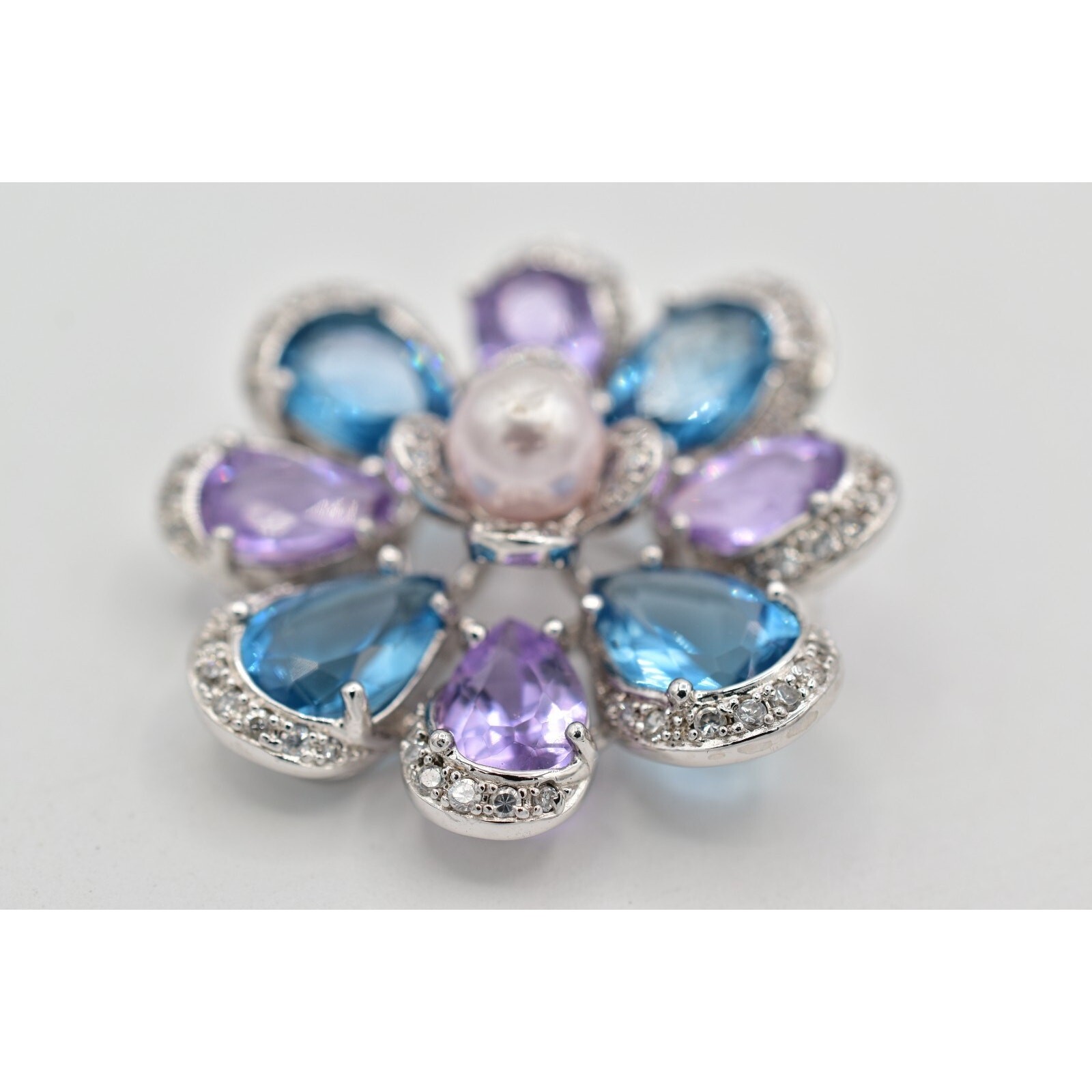 925 Sterling Silver Crystal Flower Pendant Pin Brooch Purple Blue Signed BinBI