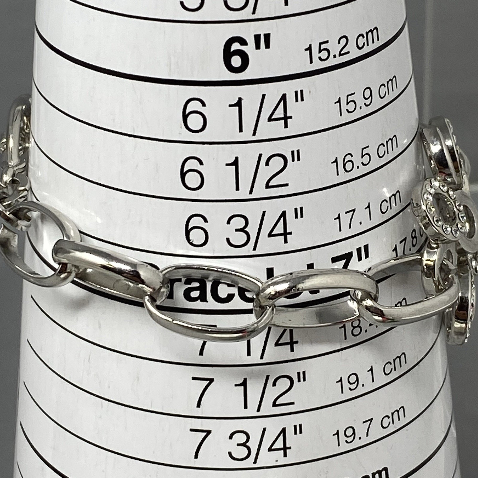 Silver Tone Chain Link Bracelet Cluster Round Open Circles Rhinestones Toggle 7″