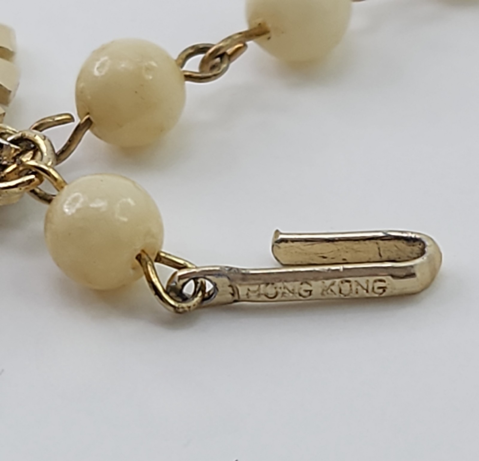 3 Strand Ivory and Gold Acrylic Bead Necklace Clip Earrings Set 1950s Hong Kong