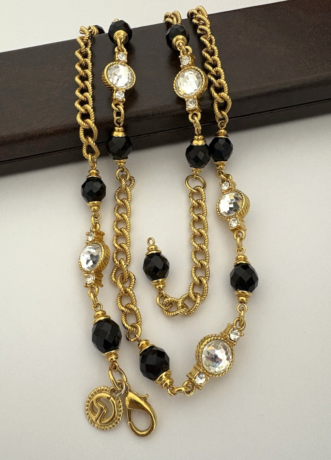 Vintage St. John Necklace Thick Textured Gold Tone Chain Black Clear Glass Beads