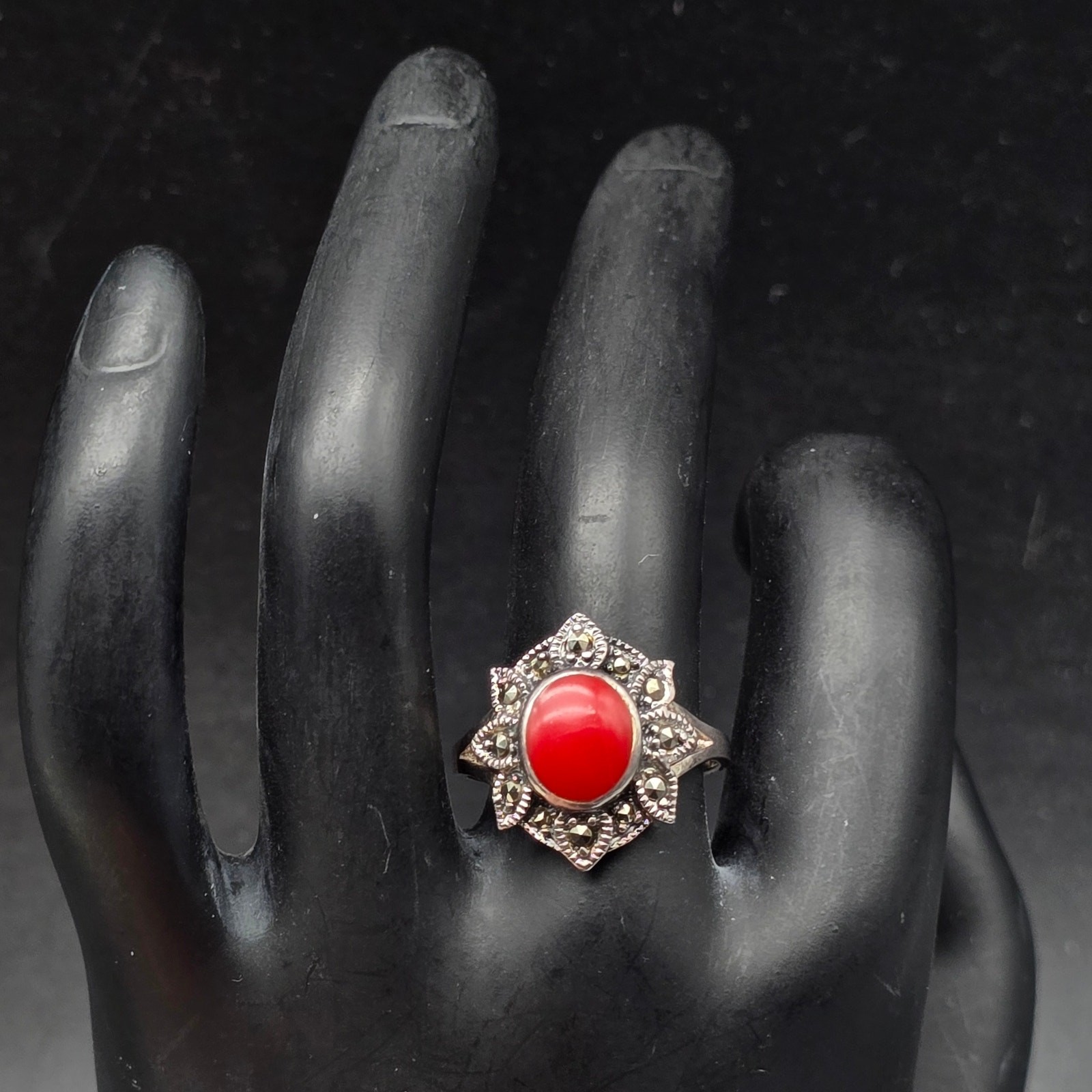 Sterling Silver Red Coral Marcasite Ring Size 7.75 925 Vintage