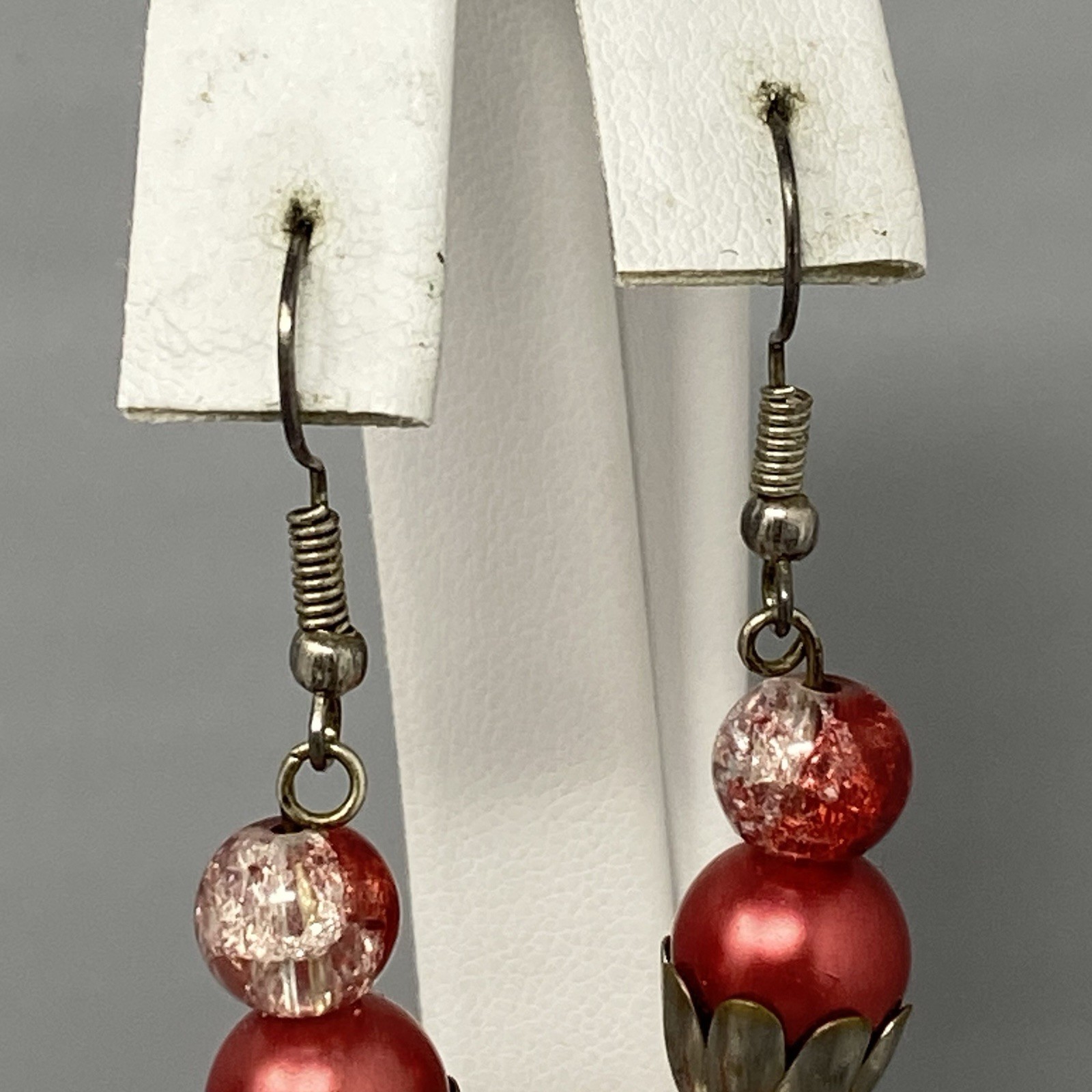 Red Glass Dangle Earrings Fused Heart Crackled Pierced Silver Tone 2.5″