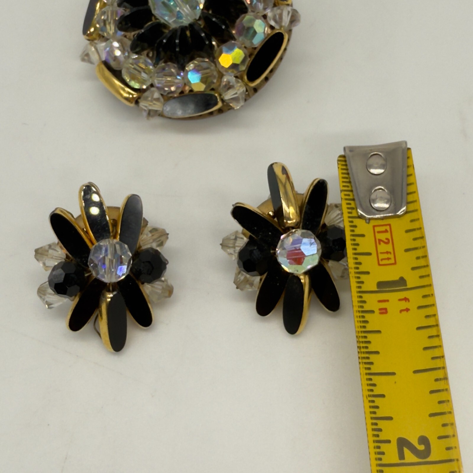 Vintage Brooch Earrings Black and AB Acrylic Beads Black Enamel