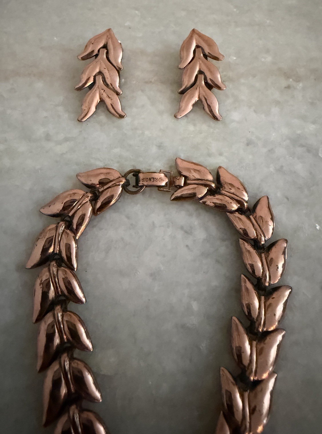 Vintage MCM Renoir Copper Bracelet Clip On Earring Set All Signed