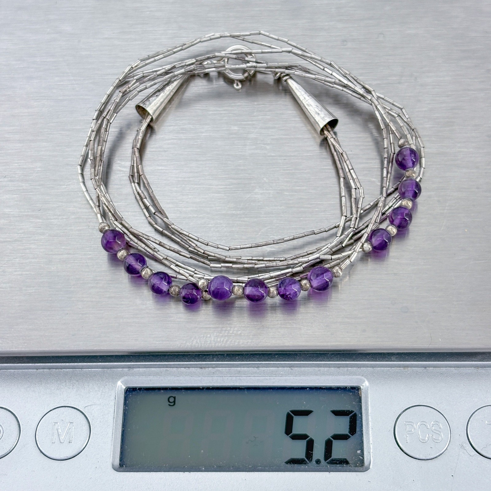 Vintage Sterling Silver 925 Liquid Silver Amethyst Bead Necklace 18″