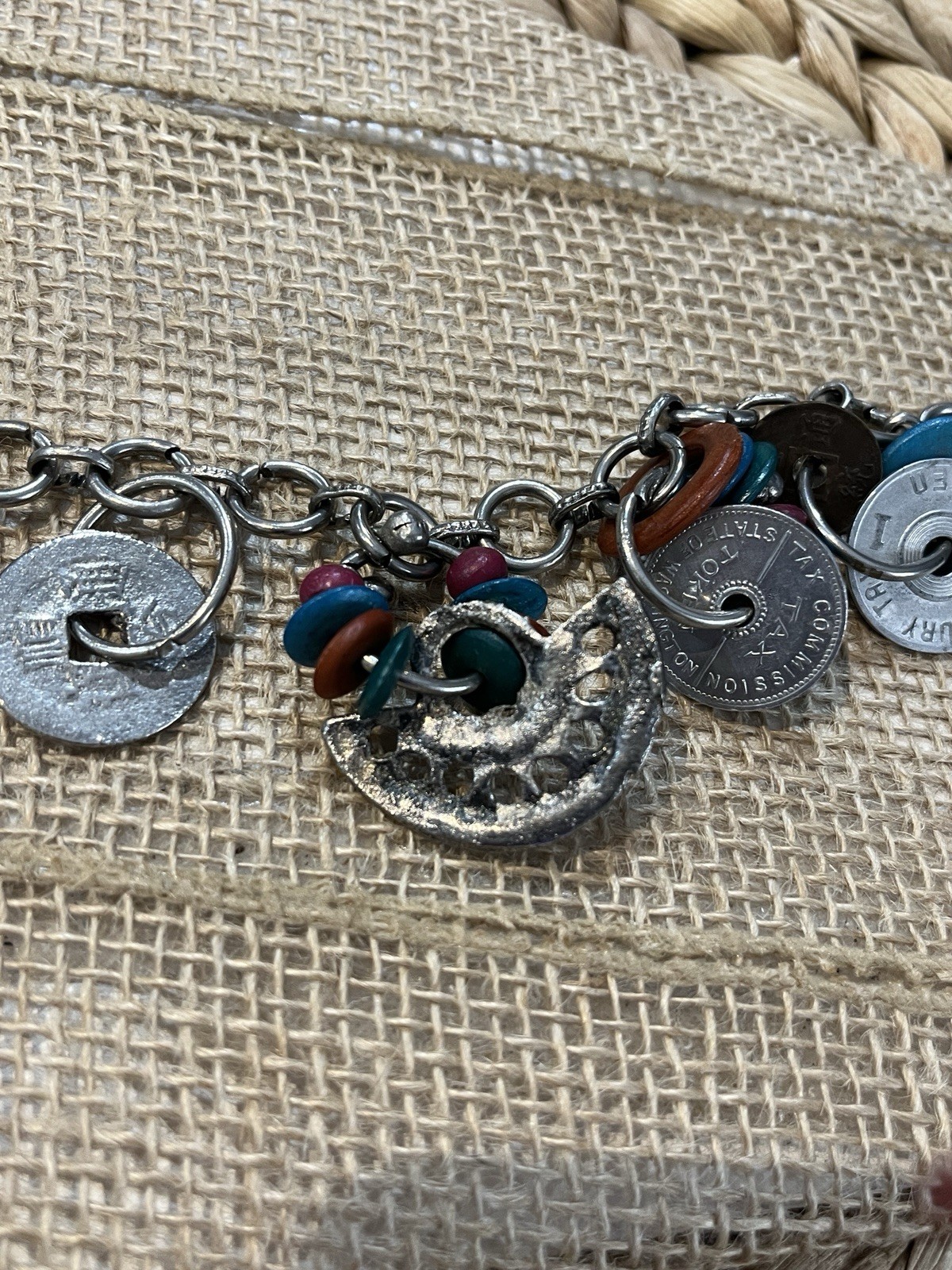 Vintage Artisan Crafted Coin Charm Bracelet Mixed Materials Estate Jewelry Boho