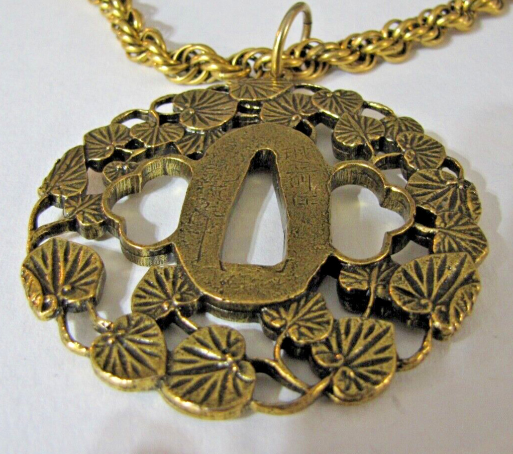 Vintage Alva Museum Replica Hollyhock Tsuba Pendant 30″ Rope Chain Signed Huge