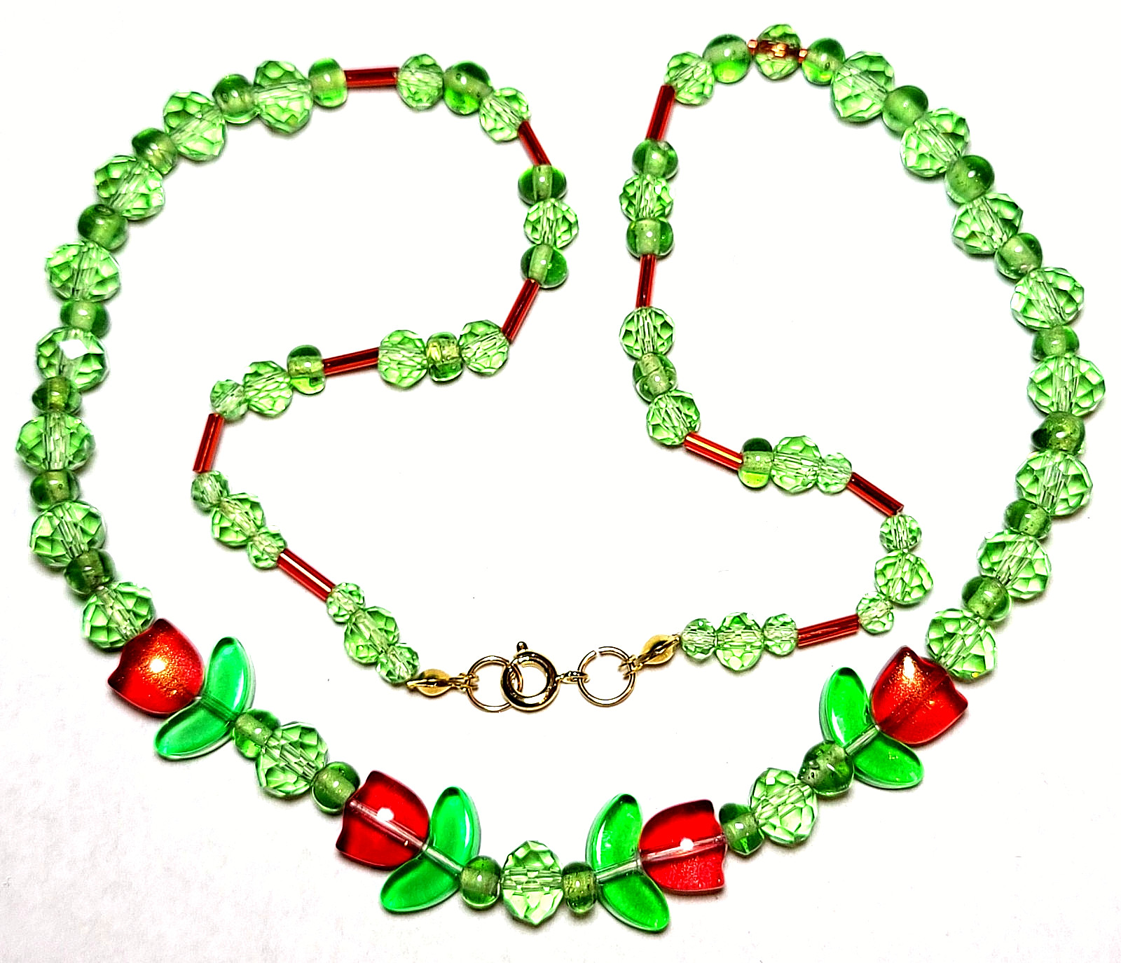 VINTAGE STUNNING GOLD TONE GREEN AND RED FACETED CZECH GLASS NECKLACE