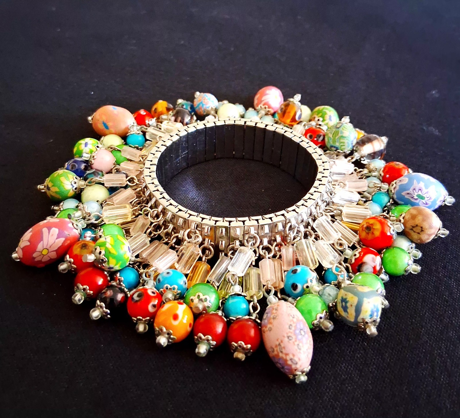 Vtg Cha-Cha Charm Bracelet Millefiori Venetian Glass Clay Crystal Beads Stretch