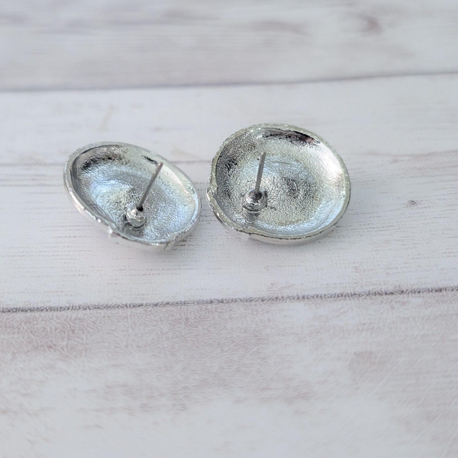 Vintage Stud Earrings Silver Tone with Faceted Black Gem
