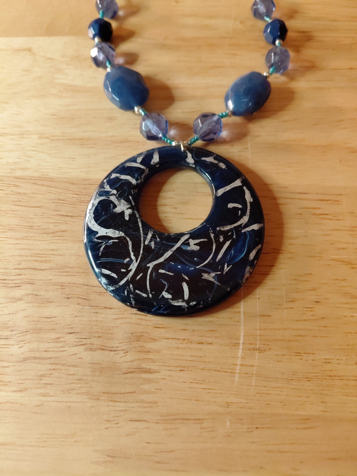 Blue Acrylic & Glass Bead Pendant Necklace – Handbeaded – 15″