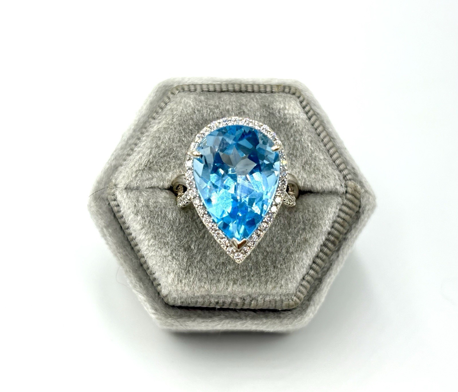 14K White Gold Pear Shape Blue Topaz Diamond Halo Ring