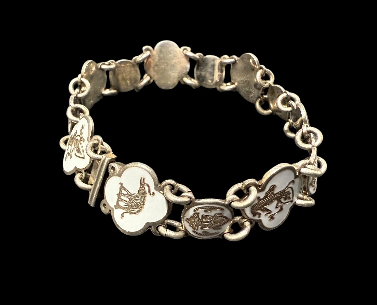 Vintage Sterling Silver Siam Dancers And Elephant Link Bracelet 7.25 in