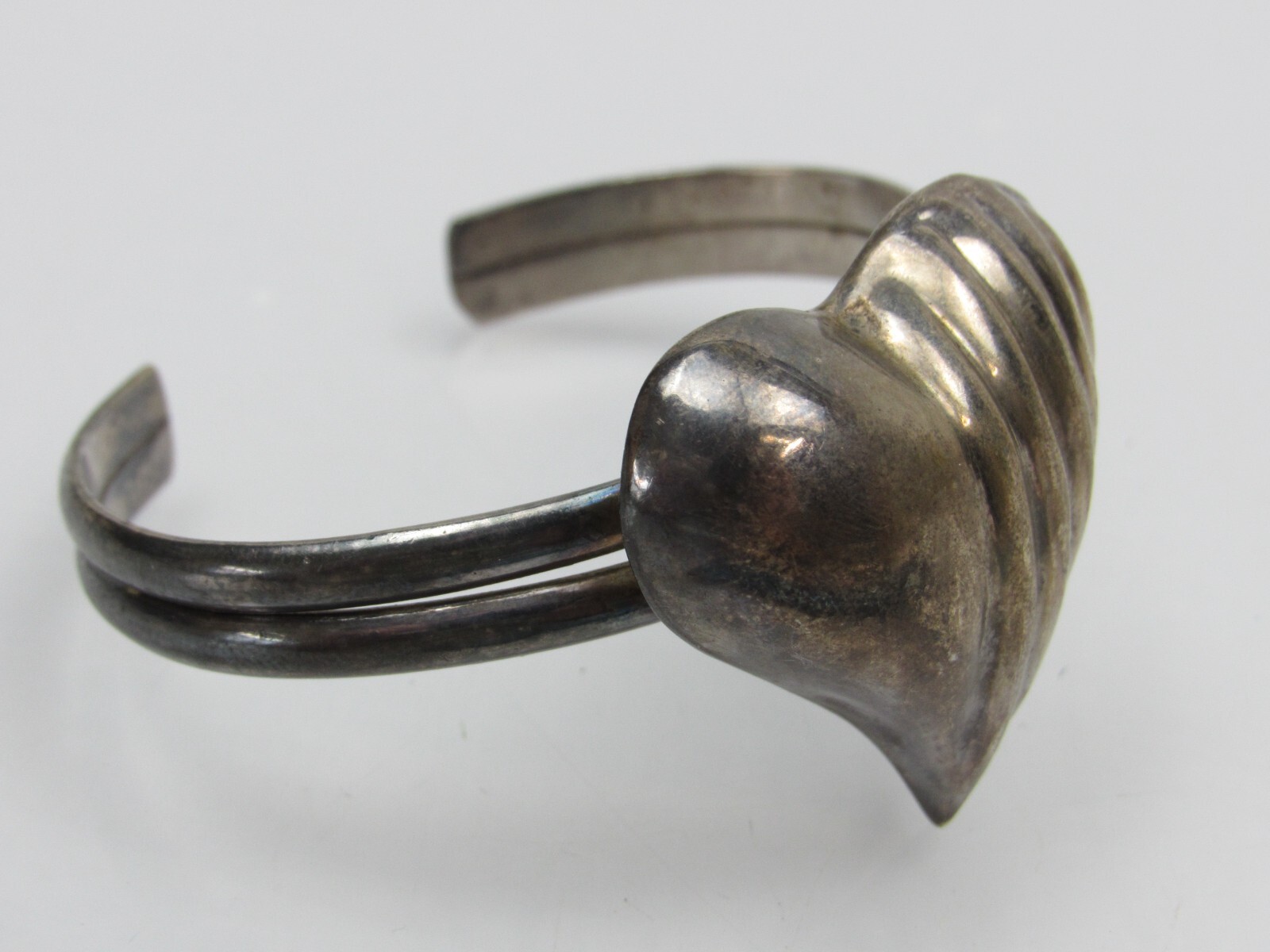 Vintage Taxco Mexico Sterling Silver Cuff Bracelet 3D Heart Puffy 925