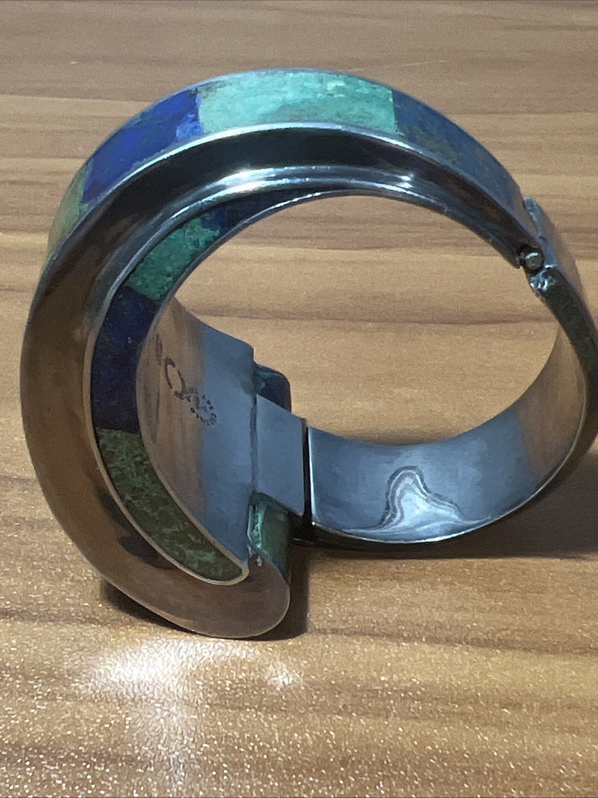 VTG Los Castillo Sterling Silver “Mosaico Azteca” hinged bracelet Taxco Mexico
