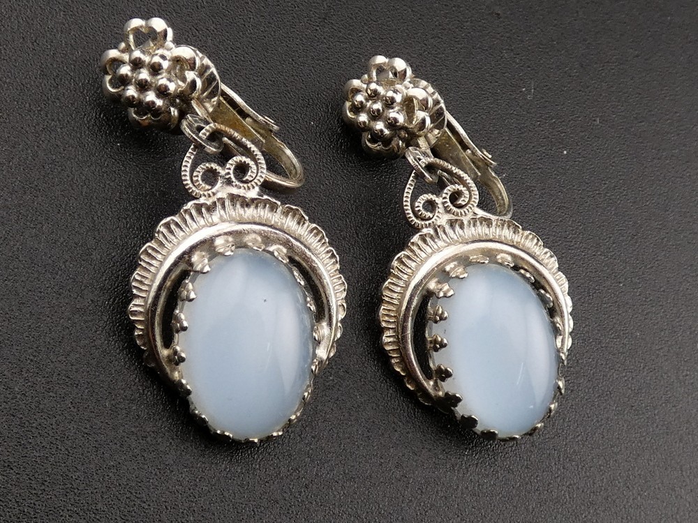 Vintage Glass Faux Moonstone Cabochon Brooch Pin and Clip On Earrings Set