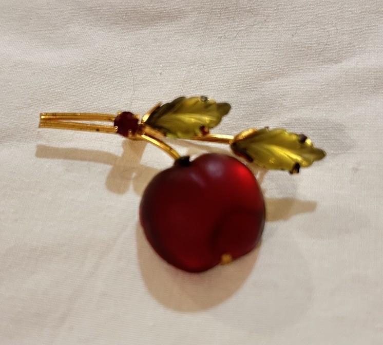 Vtg AUSTRIA Red Cherry Brooch Forbidden Fruit Frosted glass gold tone rhinestone