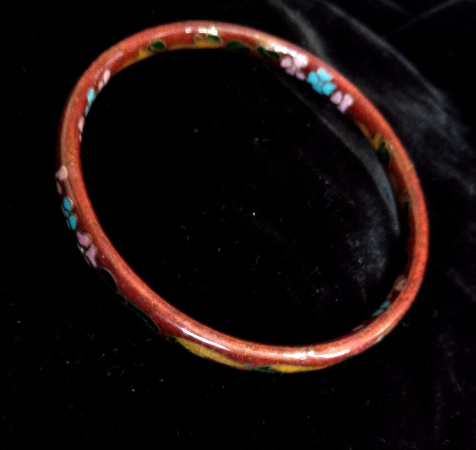 Vintage Chinese Redish Brown Gold Cloisonne Enameled Flower Bangle Bracelet