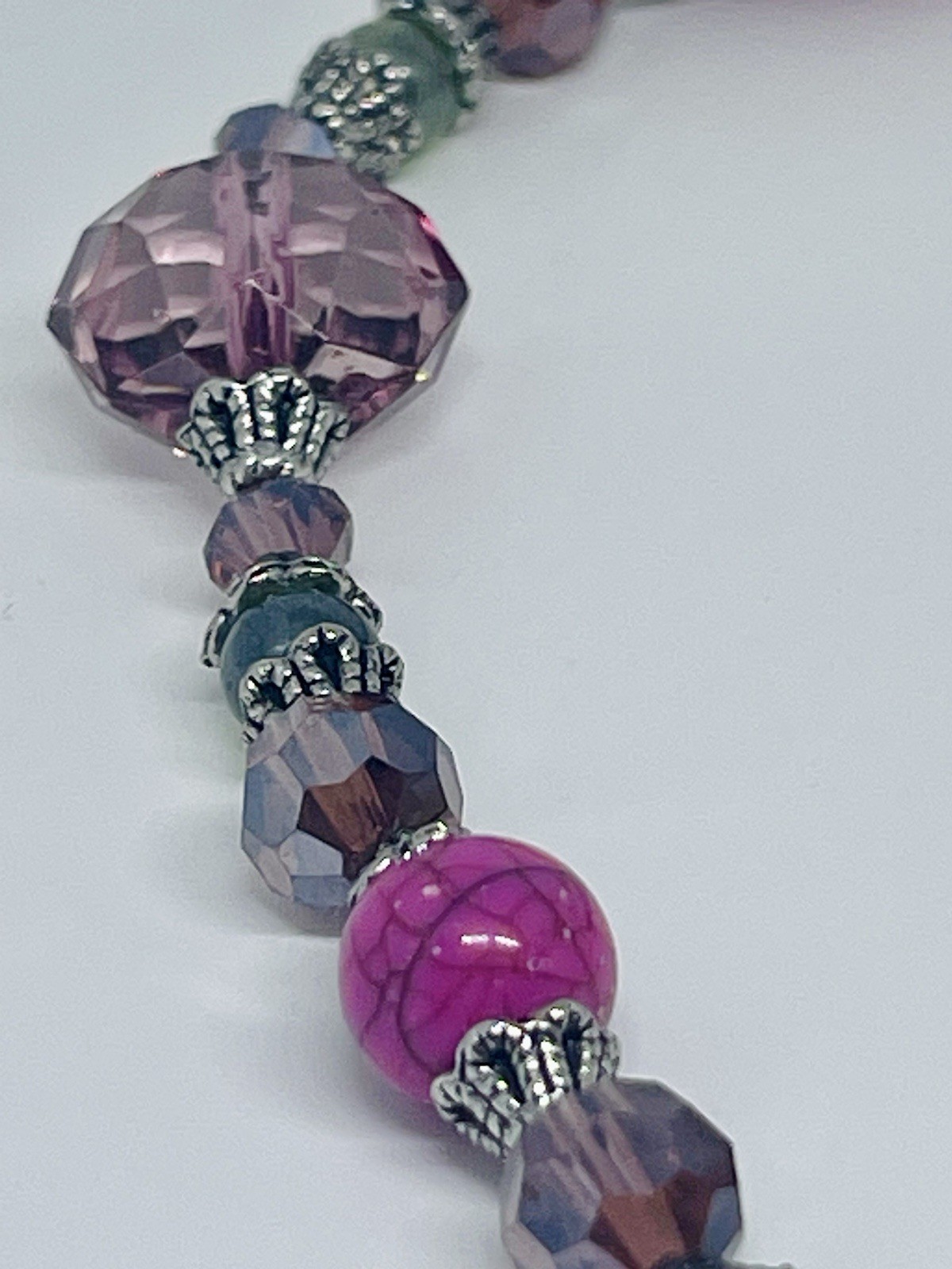 Vintage 80’s Pink And Green Glass And Crystal Bead Necklace & Earrings Set 20”