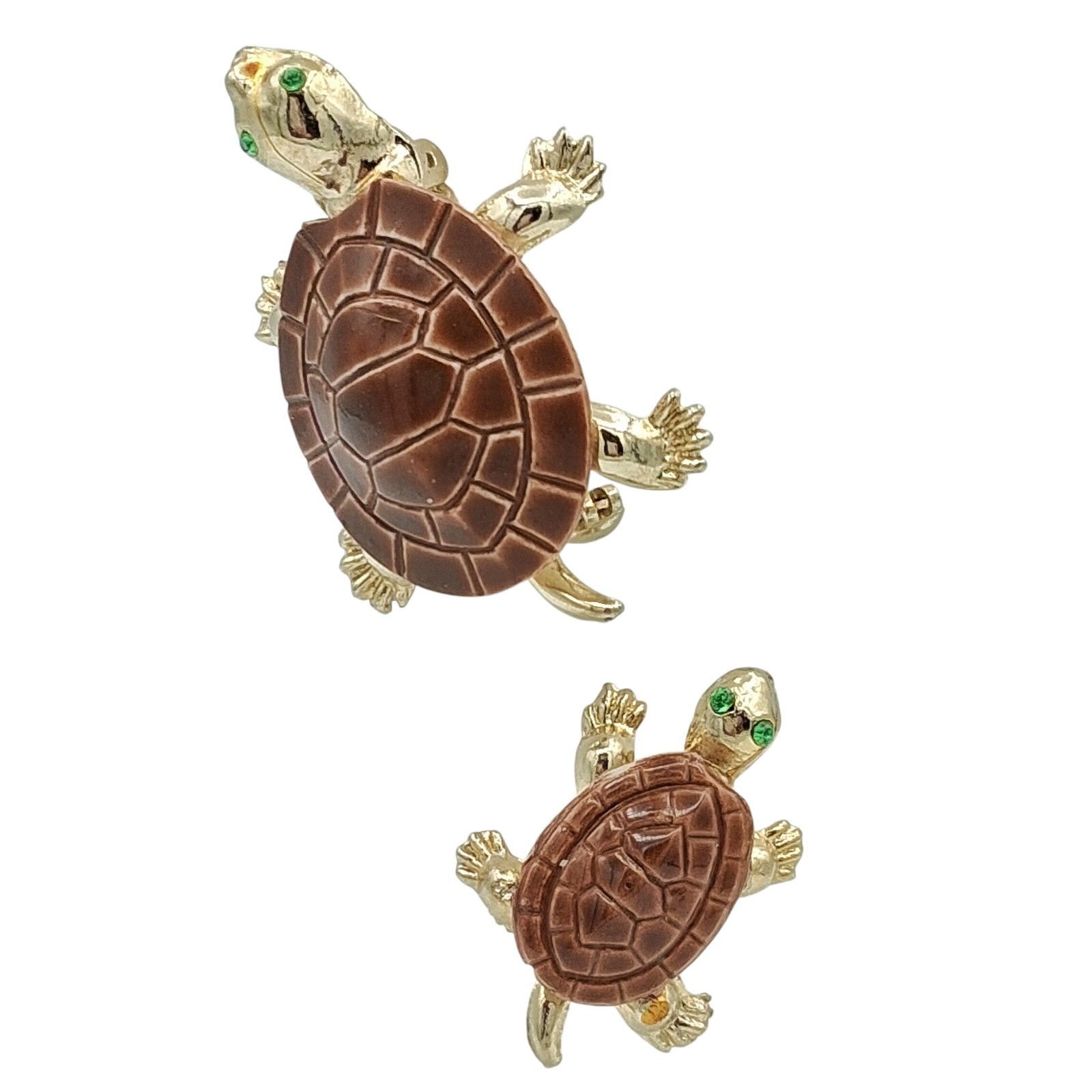 Vtg Gold Tone Turtle Brooch Set Ceramic Porcelain Shell Figural Pins Pair