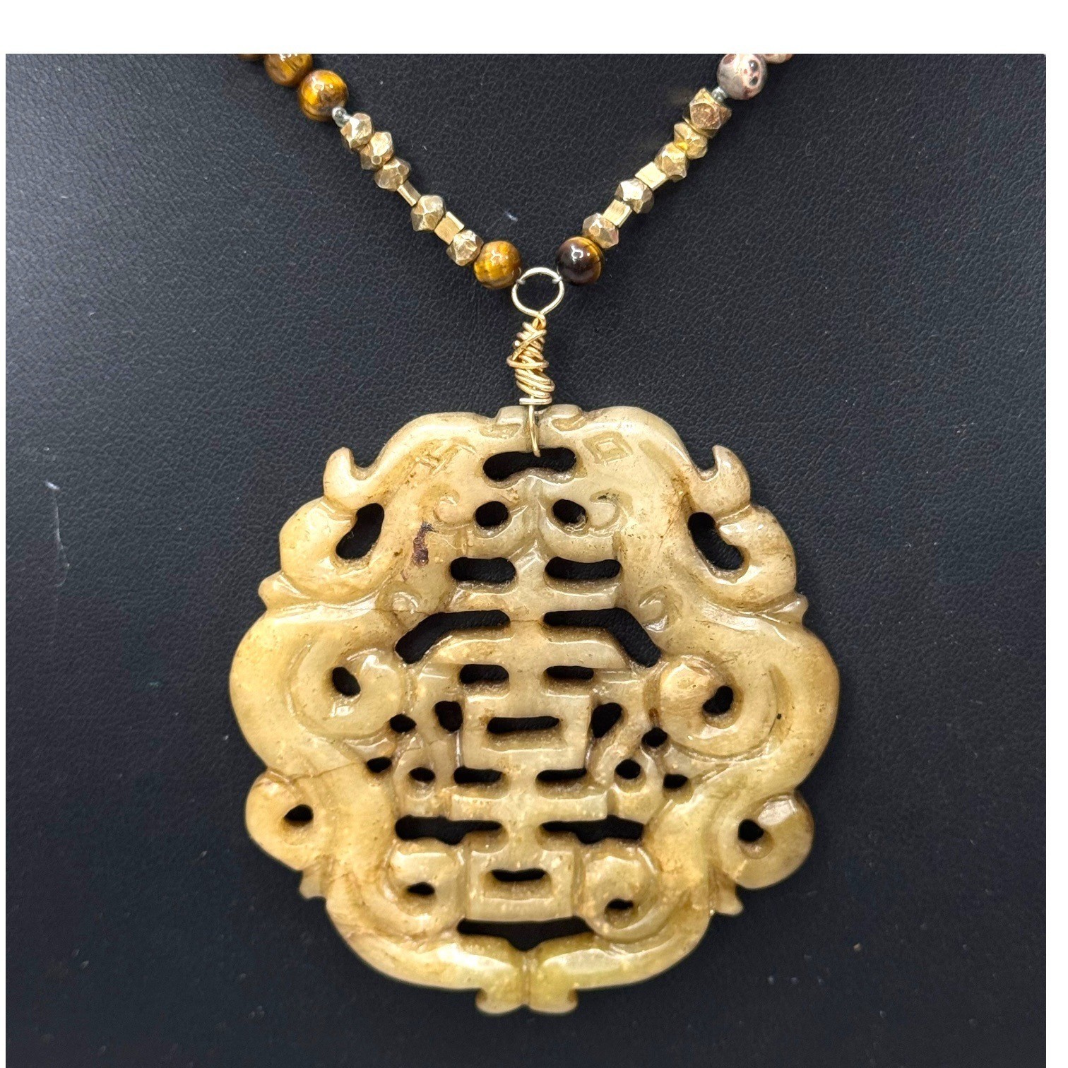 Vintage Large Carved Jade Pendant Necklace Tiger Eye Agate & Cloisonne Beads 26″