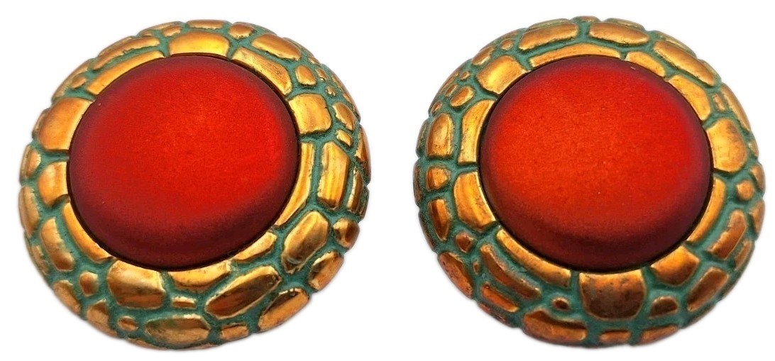 VTG Lg Chunky Statement Button Matte Cabochon Pierced Earrings Southwestern 80’s