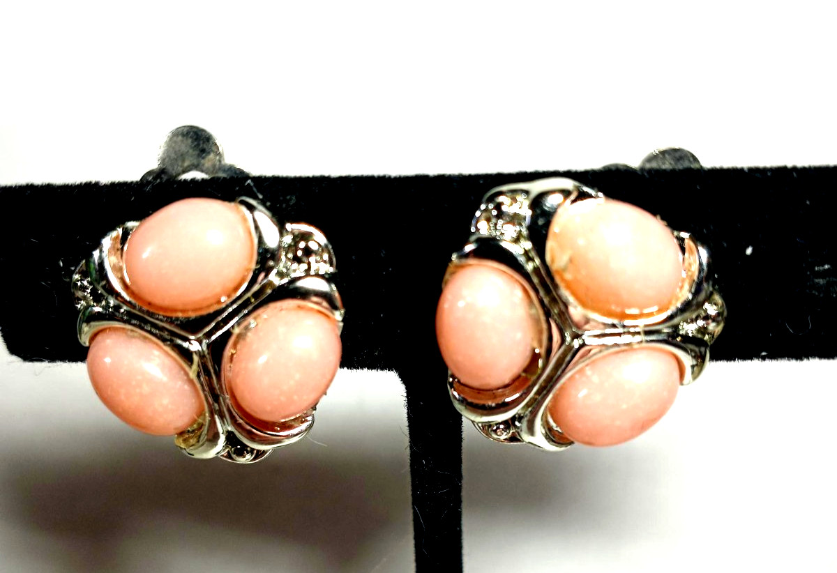 Vintage Silver Color and Salmon Pink Bead Clip on Earrings