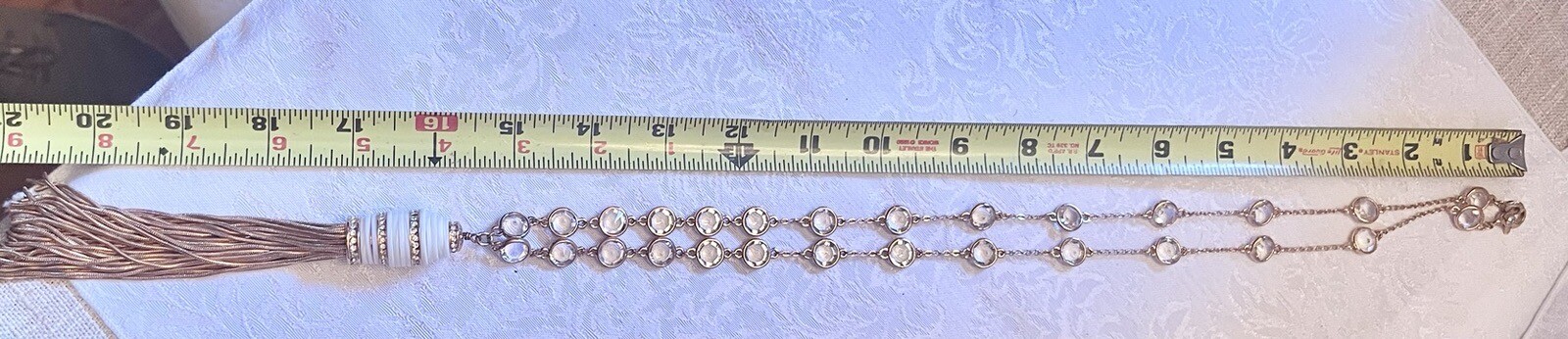 Vintage Henri Bendel Rose Gold Tone Glass Tassel Necklace 32 Inches Rhinestones