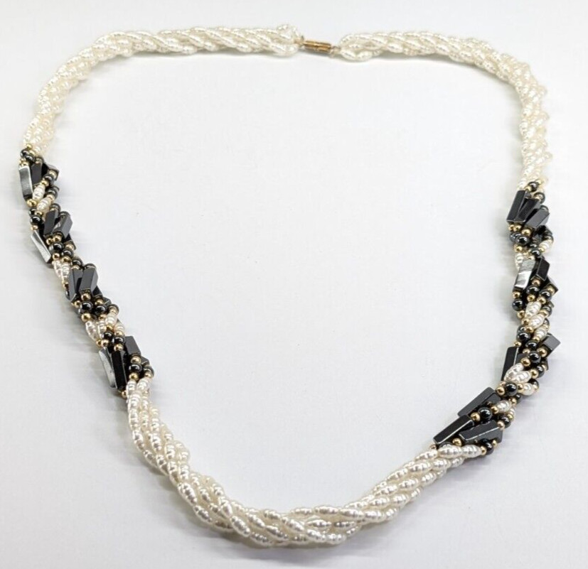 Vtg Rice Pearl & Hematite Multi Strand Twisted Beaded Statement Station Necklace