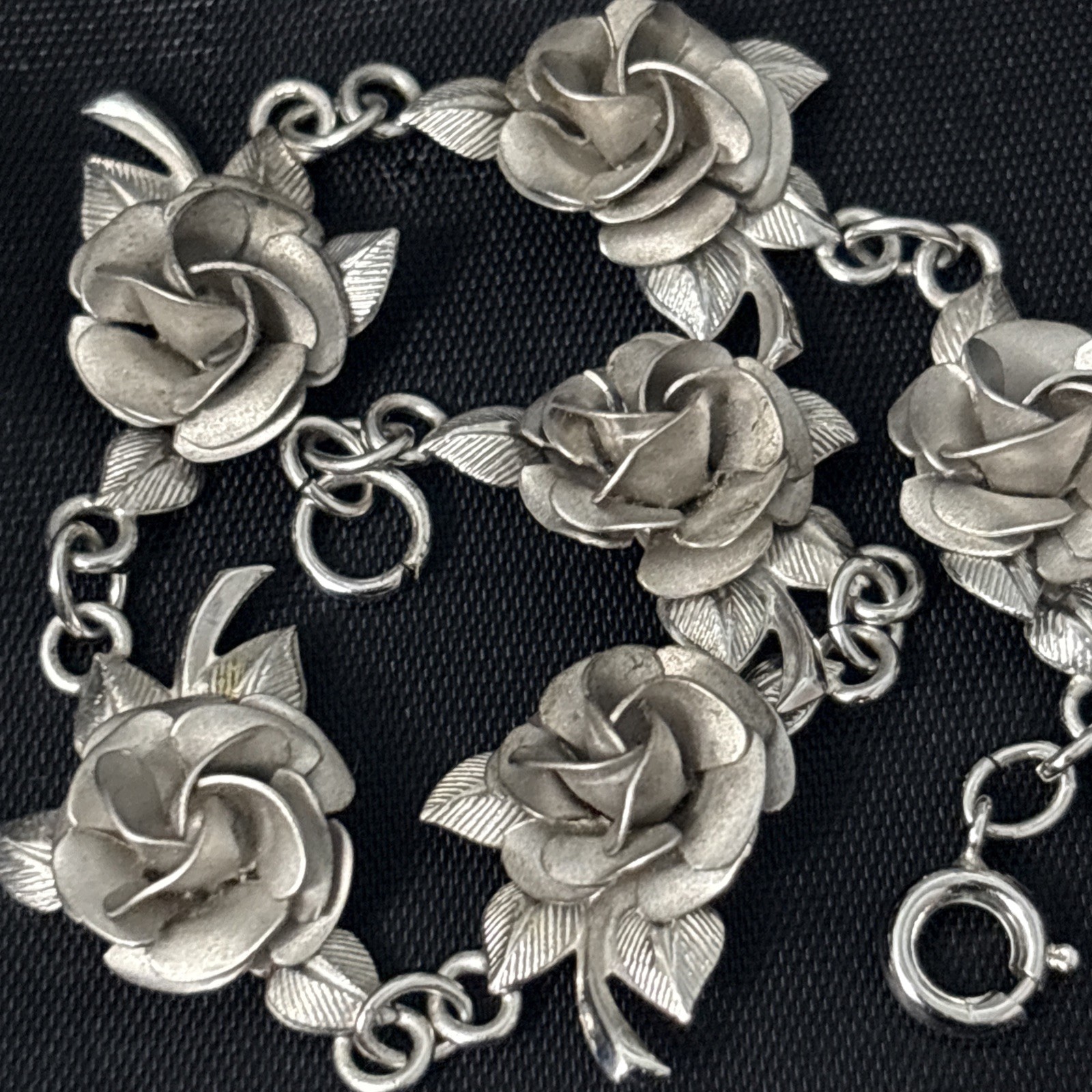Vintage Sterling Silver Flowers Bracelet Six Roses Signed AC Estate 12g 6.8”