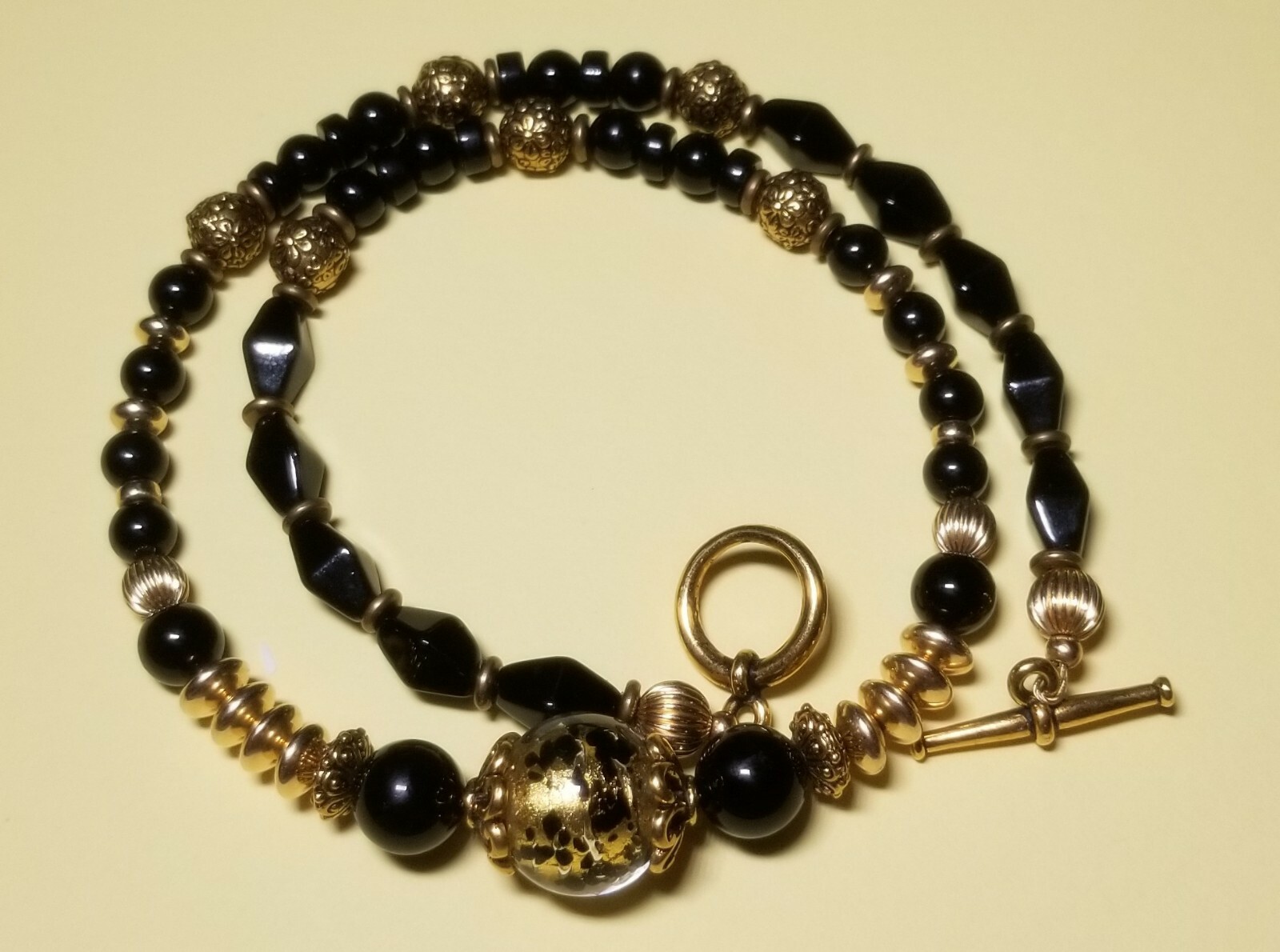 Vintage Black & Gold Beaded Necklace with Foil Art Bead Accent Toggle Closure
