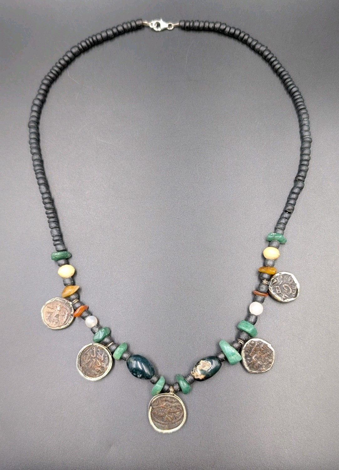 Vtg Ancient Silk Road Islam Mamluk Coin Stone Beads Sterling 925 Clasp Necklace