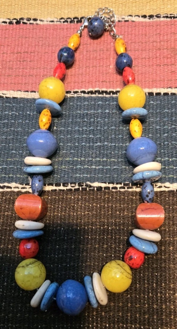 Vintage Acrylic?Glass? Statement 16″ Necklace Blue Yellow Red Lobster Clasp