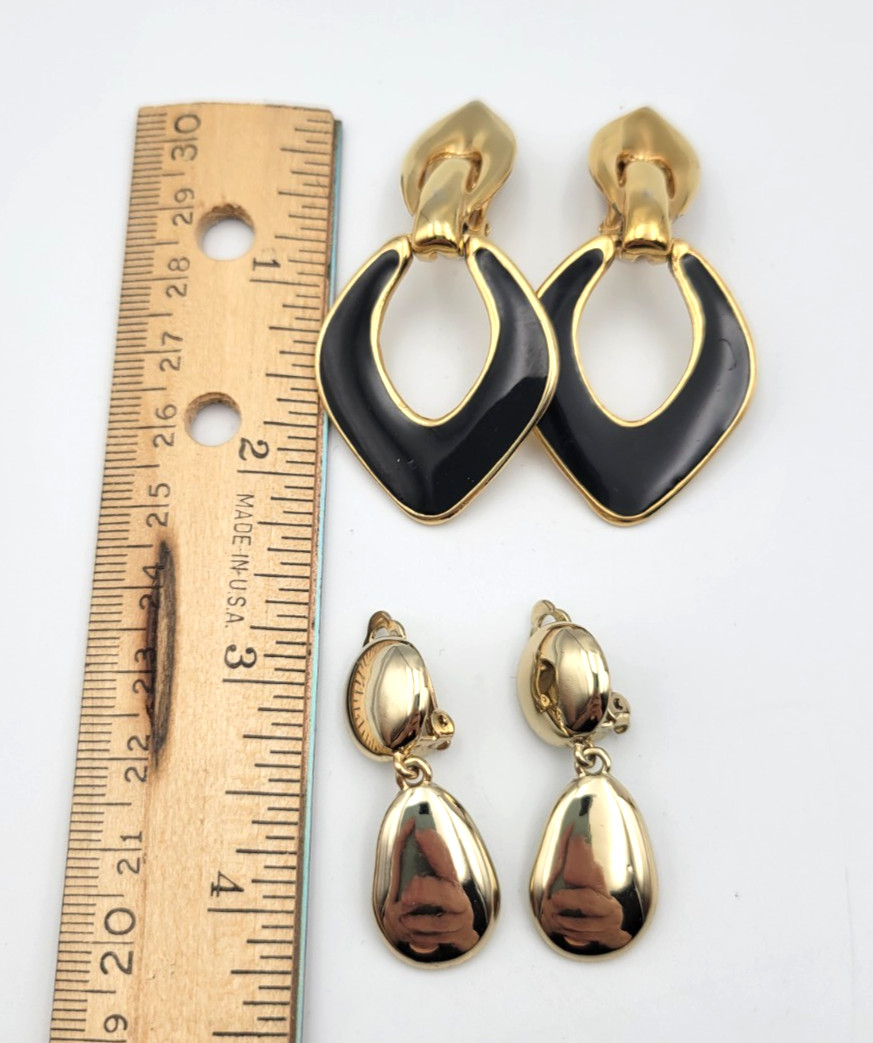 Lot of 2 Gold Tone Dangle Drop Clip on Earring Black Enamel Door Knocker Classic