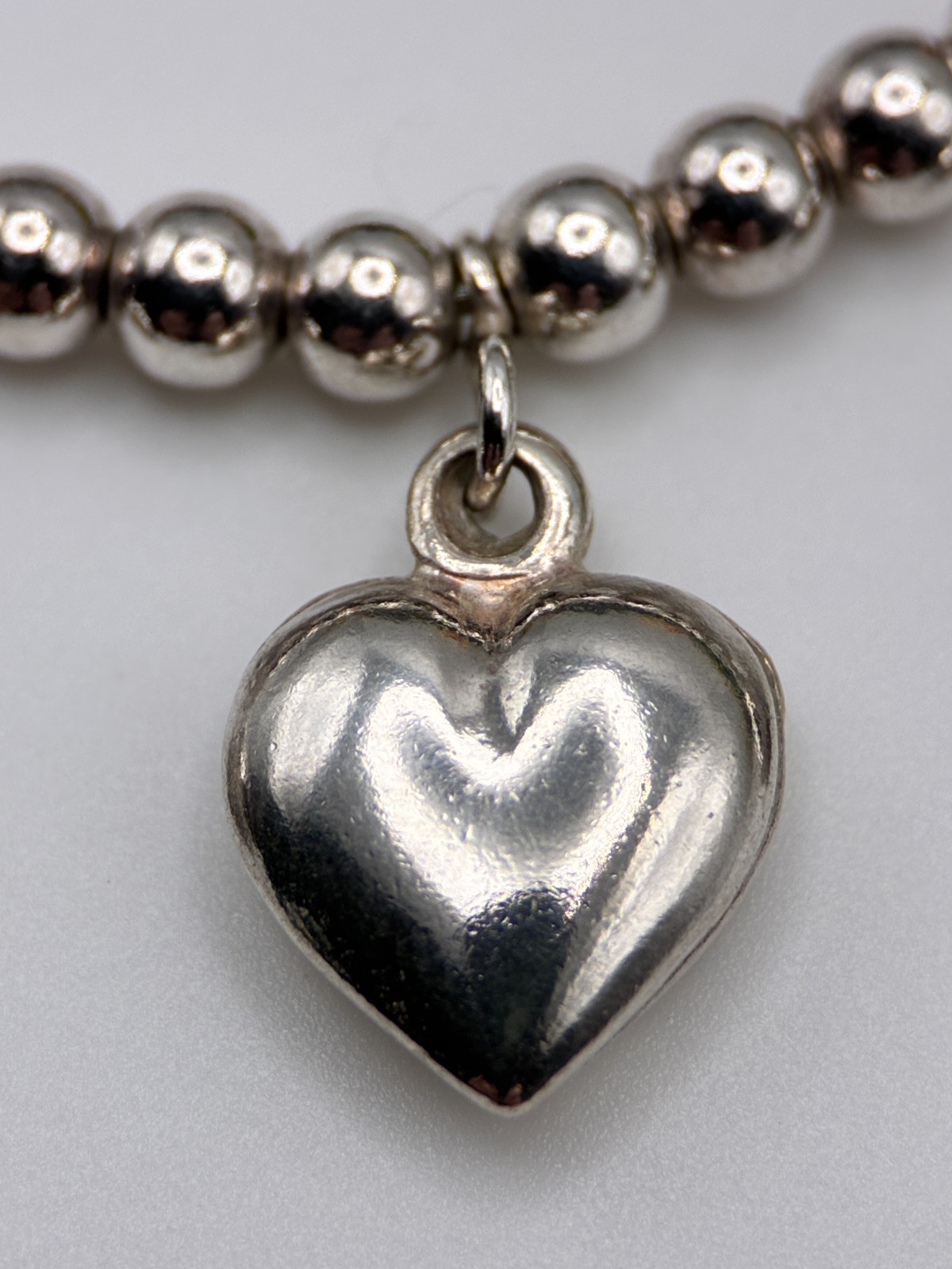 Vintage Italian 925 Silver Floating Bead Necklace with Five Puffy Dangle Hearts