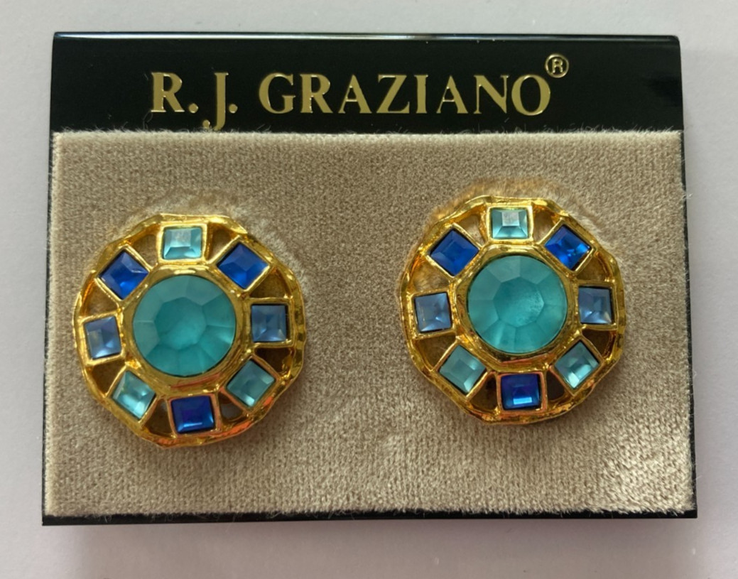 R.J. Graziano Clip on Earrings Blue Stones in Gold Color Setting
