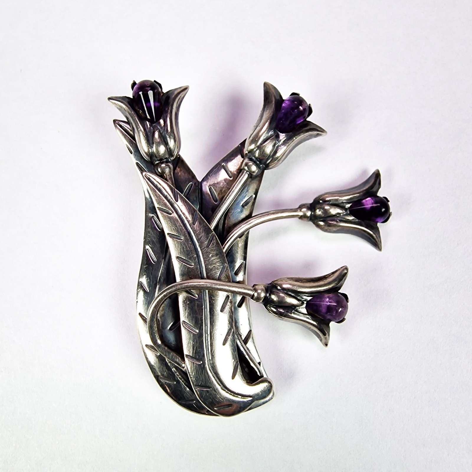 La Cucaracha Amethyst Tulip Flower Pin Brooch 980 Silver Taxco Mexico 1930 to 50