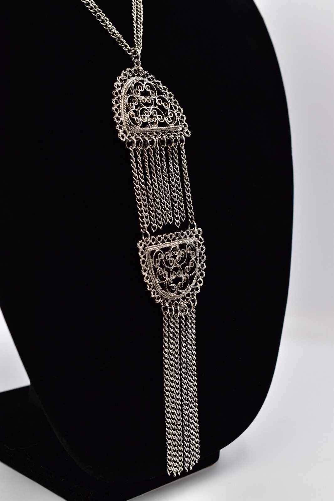 Vintage Silver Filigree Tassel Necklace Long Statement Fringe Chain 1970s Bin3C
