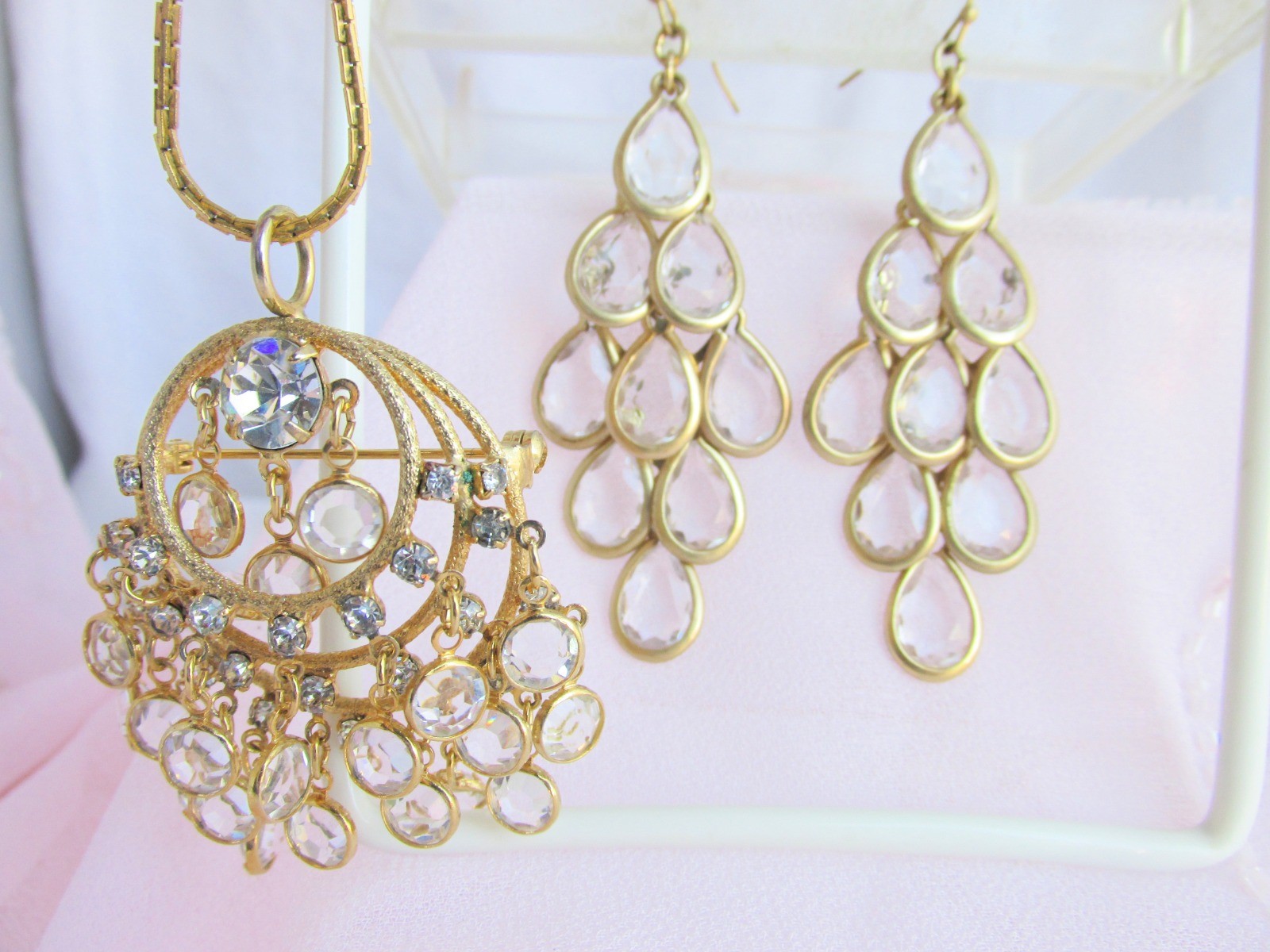 Lia Sophia Kiam Collection “Crystal Chandelier” Matte GoldTone Earrings +Pendant