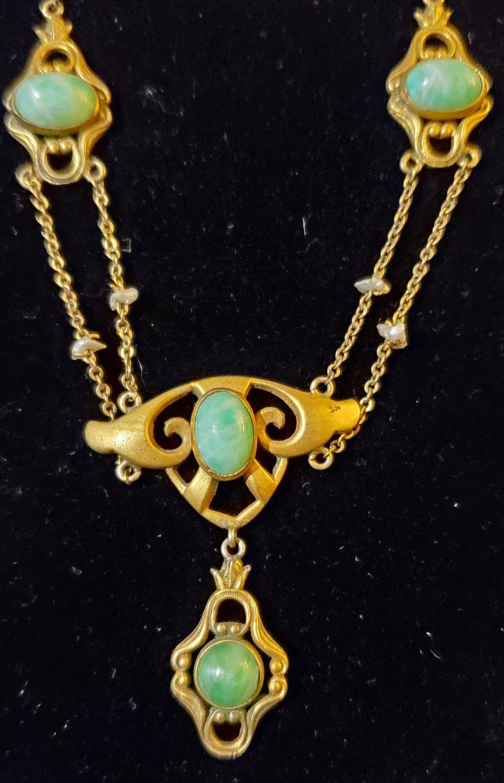 Antique Art Nouveau Krementz Festoon Necklace Seed Pearls Green Cabochons